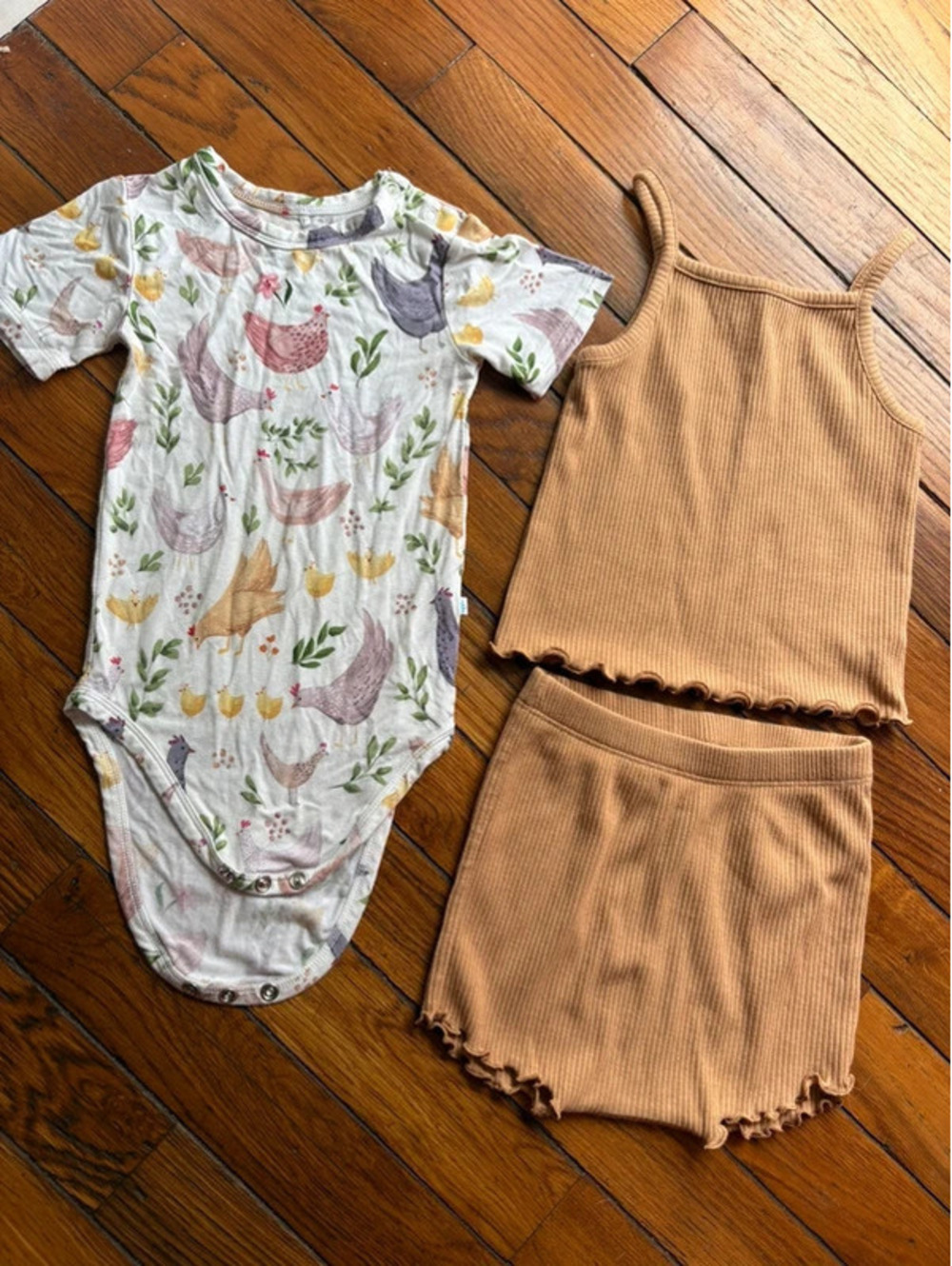 12/18M Posh Peanuts Chickens Bamboo Bodysuit & 12/18M Old Navy Brown Set